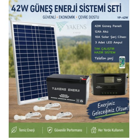 42W Hazır Solar Paketi Güneş Paneli Enerji Sistem 12ah Akü + 10a Şarj Kontrol Cihazı + 3 Led Ampul | Taşınabilir Telefon Şarjlı Hazır Solar Aydınlatma Paketi